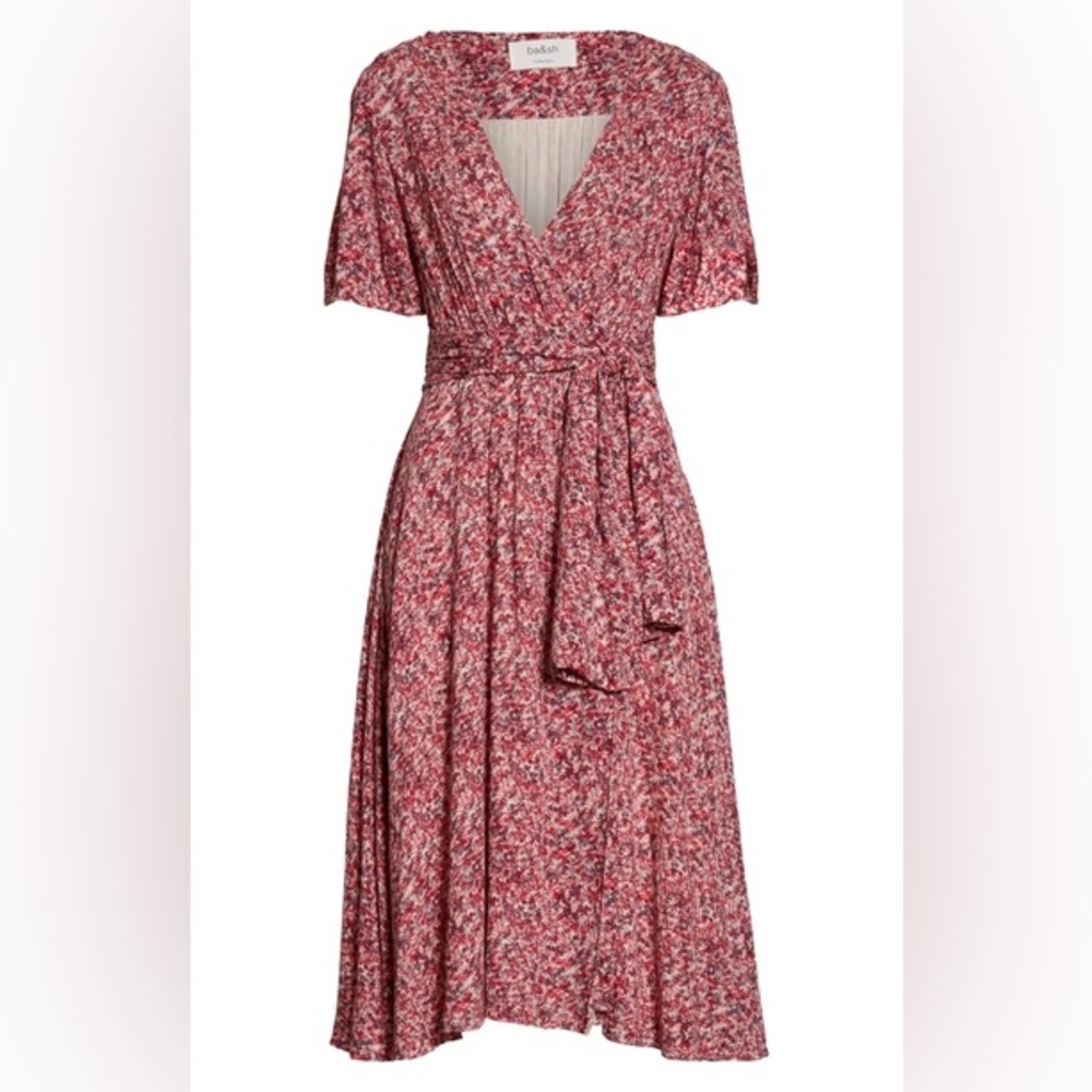 Ba&sh Noemie Fuchsia Floral Short Sleeve Wrap Midi Dress in size 4 - Picture 3 of 16